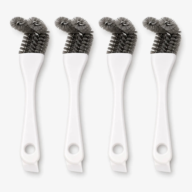 Four white-handled cage brushes standing upright side by side, each with grey bristle heads and a hanging hole at the base. 1