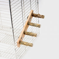 Four-rung wooden ladder with branch rungs attached to a wire cage, shown from a slightly different angle on a light background. 4