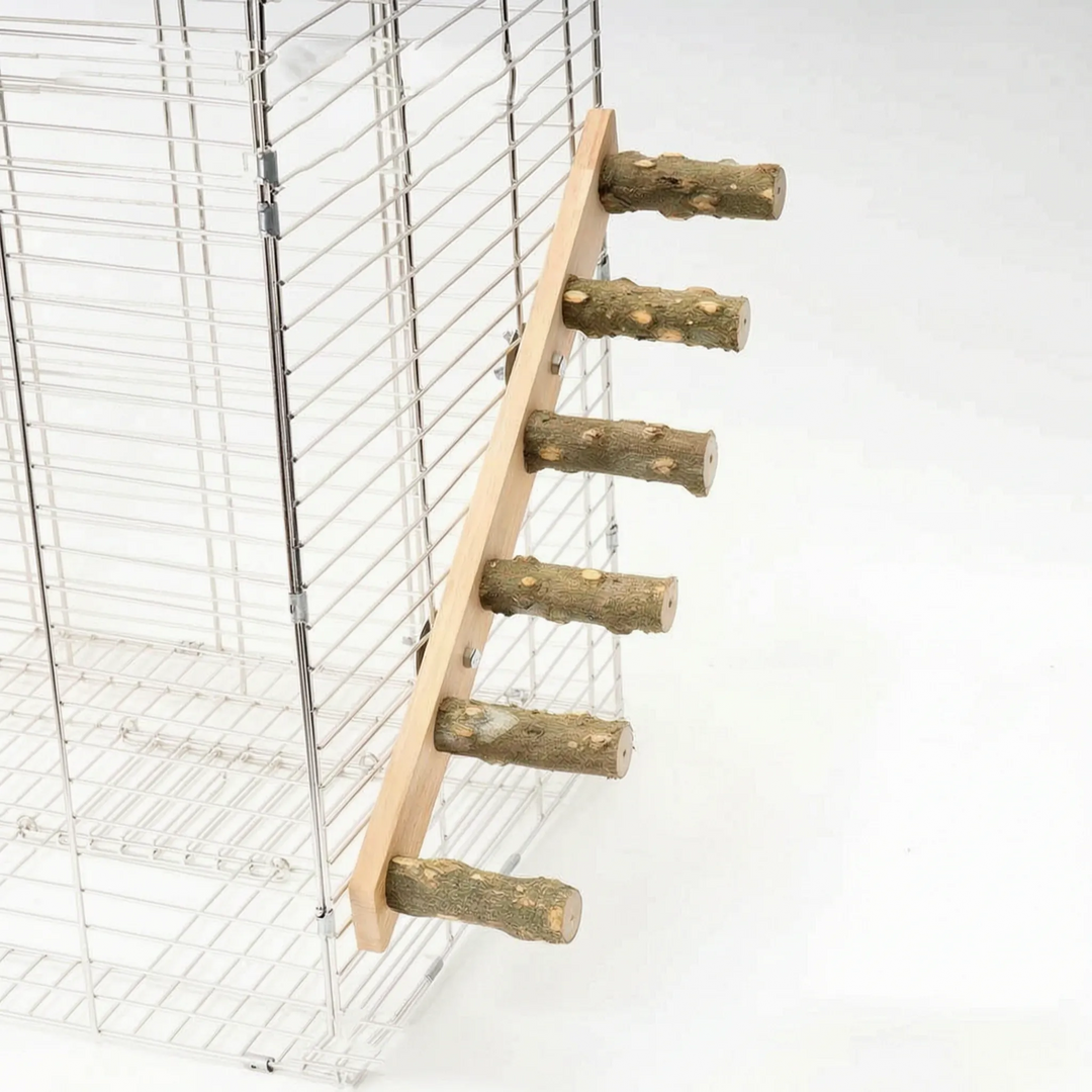 Longer six-rung version of the wooden ladder mounted on the side of a white wire cage. 6