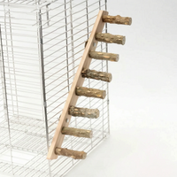 Seven-rung version of the wooden ladder, tall and angled, bolted to the side of a wire cage. 7