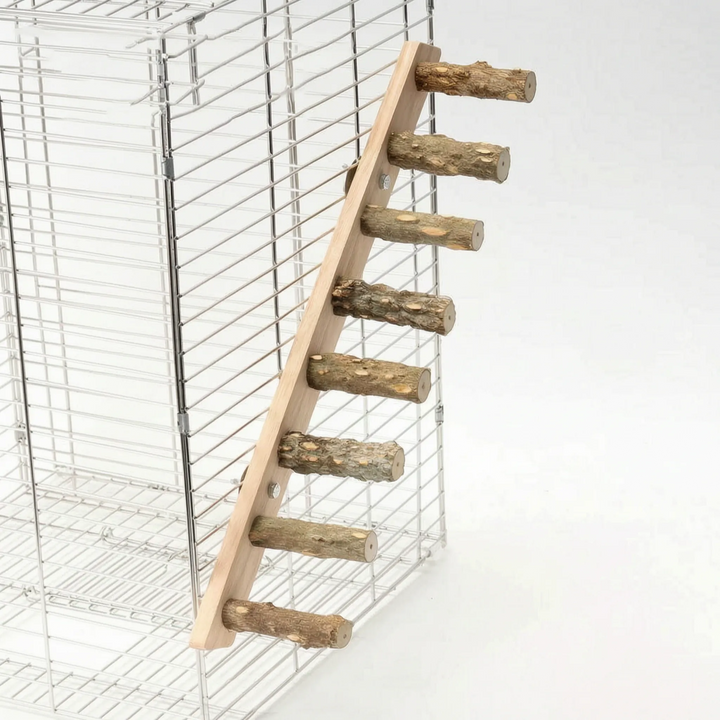 Seven-rung version of the wooden ladder, tall and angled, bolted to the side of a wire cage. 7