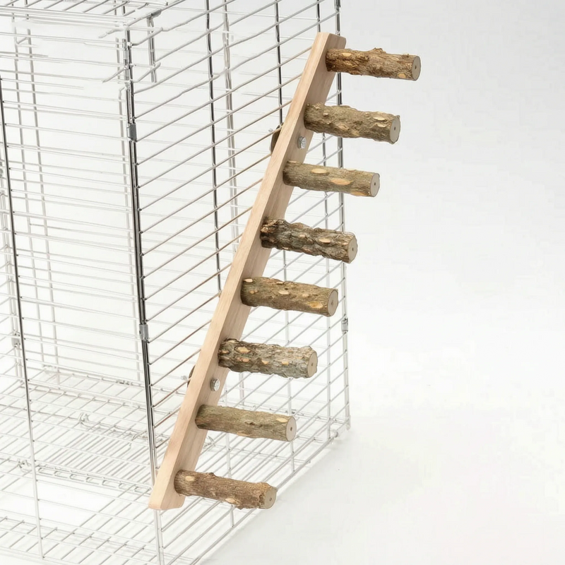 Seven-rung version of the wooden ladder, tall and angled, bolted to the side of a wire cage. 7
