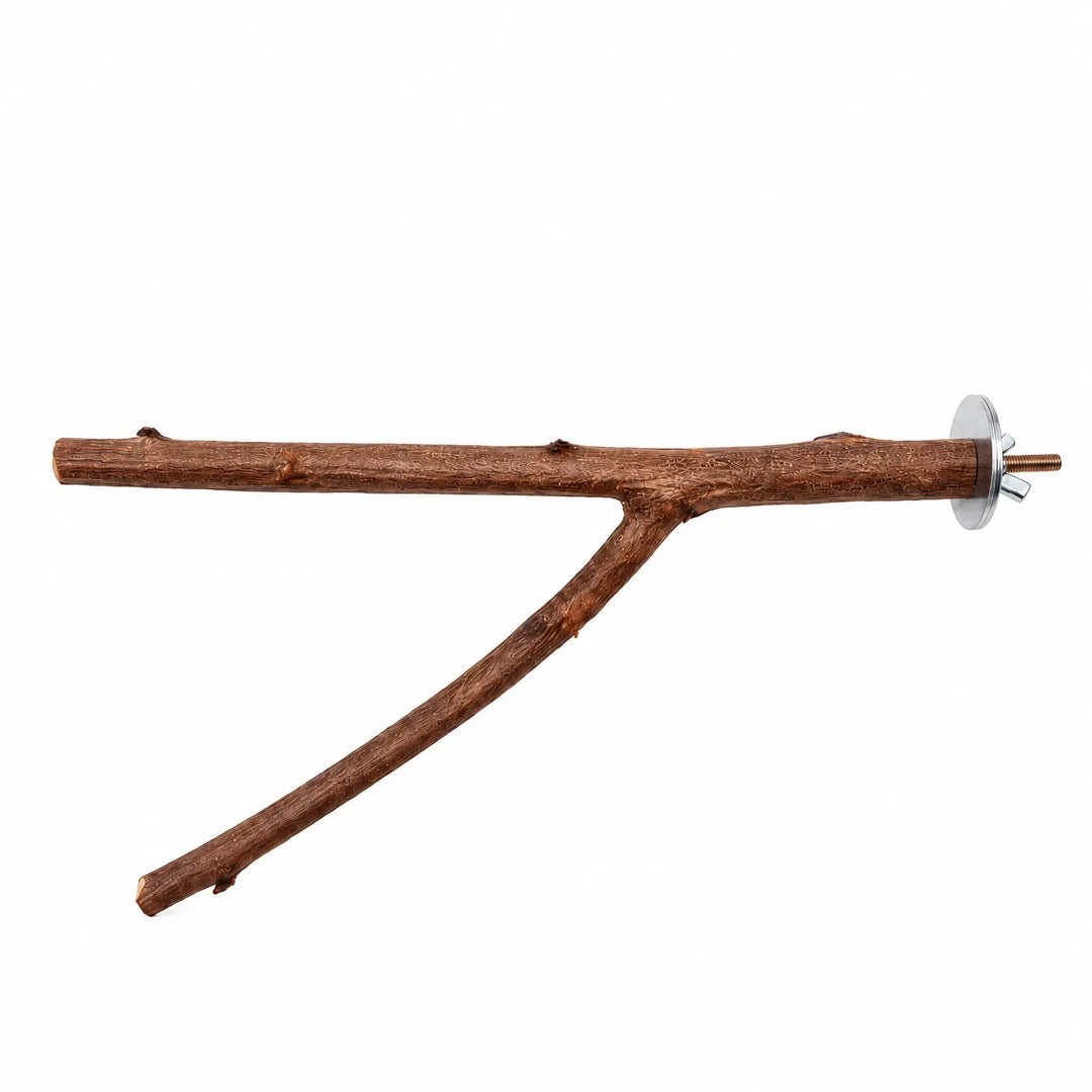 Forked natural wood branch perch with bark intact, shown on a plain white background with its metal washer, wing nut and threaded bolt at one end. 1