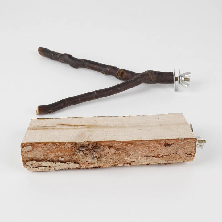 Forked natural wooden branch perch with bark and a flat bark-edged wooden block perch, each with a wing nut and washers, on white. 1