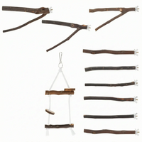 Assortment of wooden perches on white: three forked branches, five straight branches with wing nuts, and a hanging rope ladder with wooden steps. 5