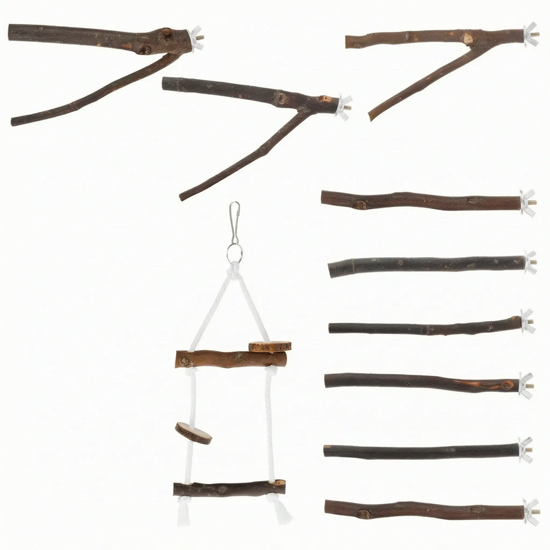 Assortment of wooden perches on white: three forked branches, five straight branches with wing nuts, and a hanging rope ladder with wooden steps. 5