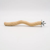 Short gently curved wooden branch perch with a metal washer, bolt and wing nut at one end, on a plain background. 1