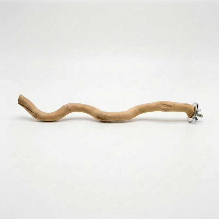 Long, winding wooden branch perch lying flat, with the metal bolt, washer and wing nut fitting at the right-hand end. 4