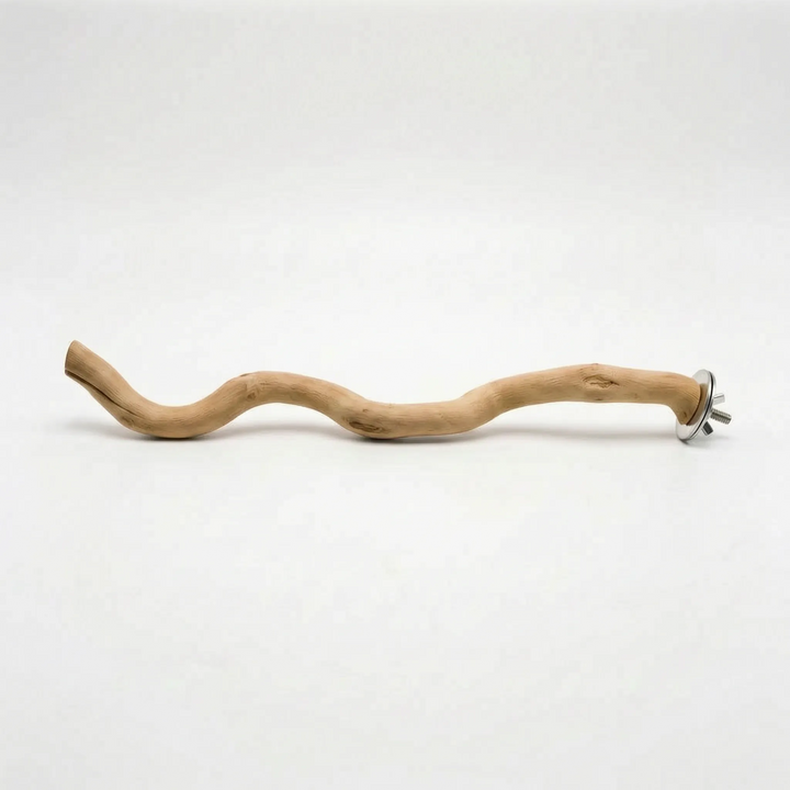 Long wavy wooden perch seen from the side, showing its knots and curves, with the fixing hardware at its right end. 5
