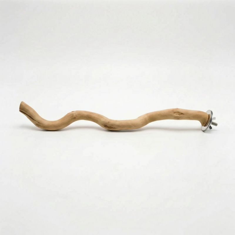 Long wavy wooden perch seen from the side, showing its knots and curves, with the fixing hardware at its right end. 5