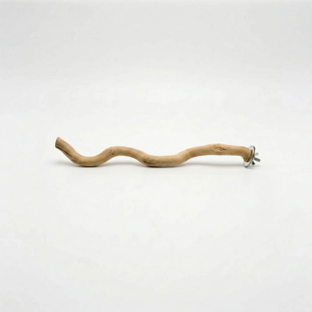 Slimmer, twisting wooden perch with a few small knots, shown flat with its metal washer and wing nut at one end. 6