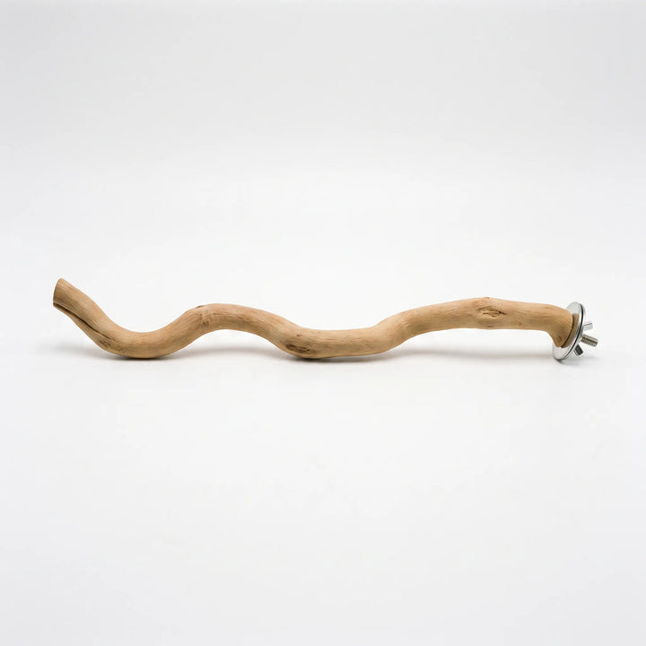 Full-length winding wooden perch photographed side-on in sharp detail, showing the bark-free grain, knots and the metal fixing hardware at the end. 7