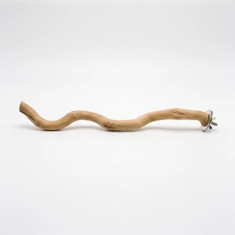 Full-length winding wooden perch photographed side-on in sharp detail, showing the bark-free grain, knots and the metal fixing hardware at the end. 7