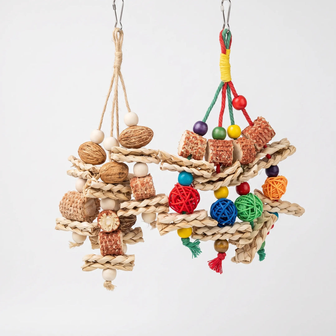 Two hanging bird toys against a plain backdrop: one in natural tones with nuts, the other with brightly coloured beads and rattan balls. 1