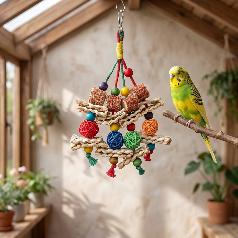 Colourful hanging toy with woven grass strips, wooden beads and rattan balls in an aviary, with a budgie perched on a branch beside it. 2