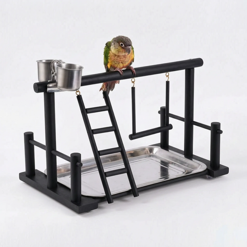 Black-finished version of the wooden playstand with a conure on the top perch, plus ladder, swing, steel cups and tray. 6