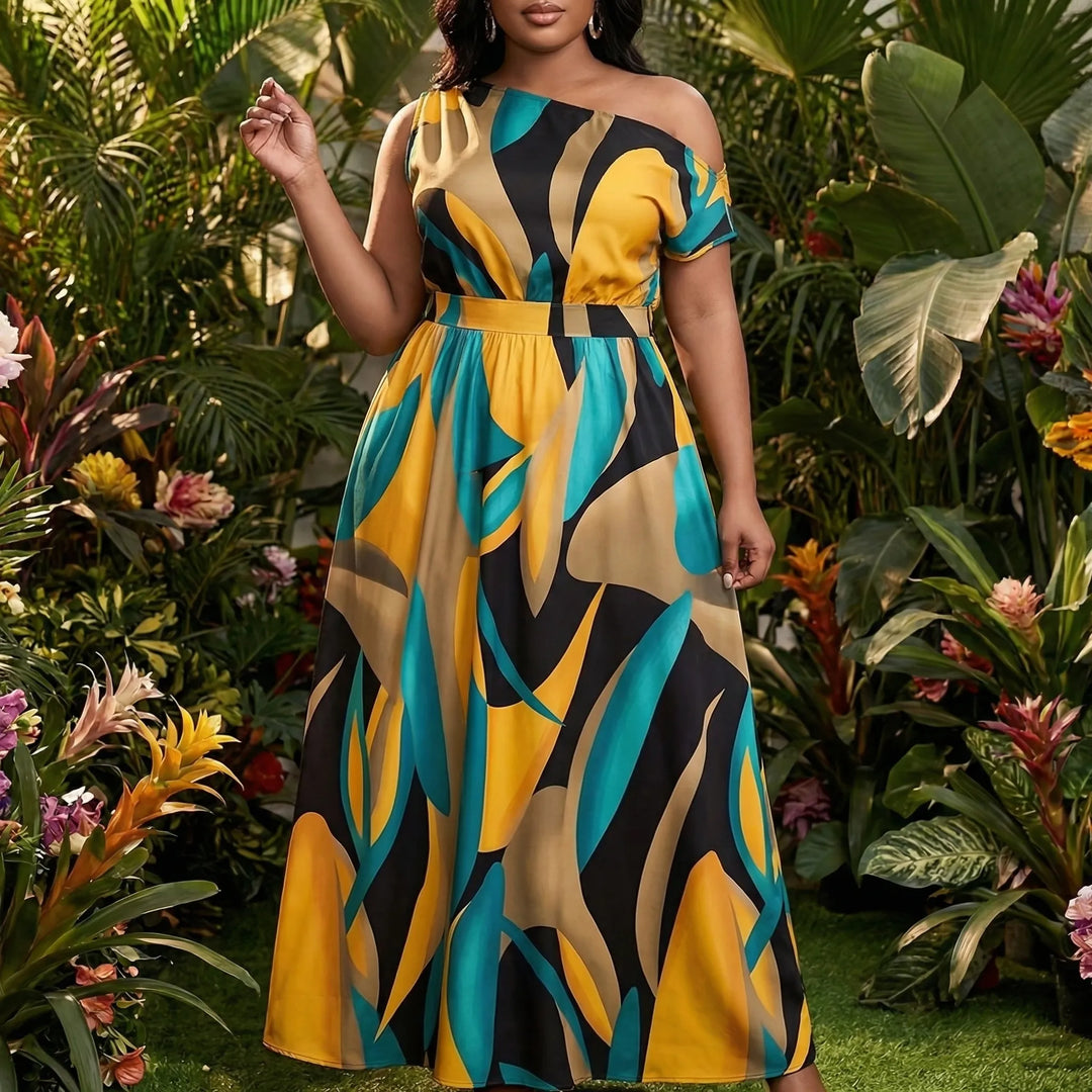 One-Shoulder Plus Size Maxi Dress Tropical Print - Lora