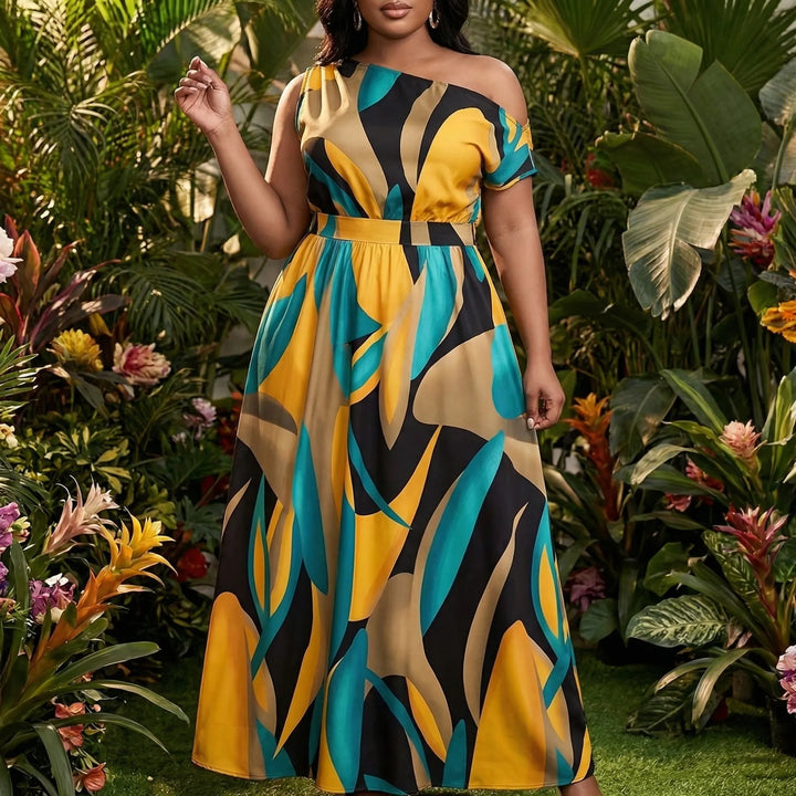 One-Shoulder Plus Size Maxi Dress Tropical Print - Lora