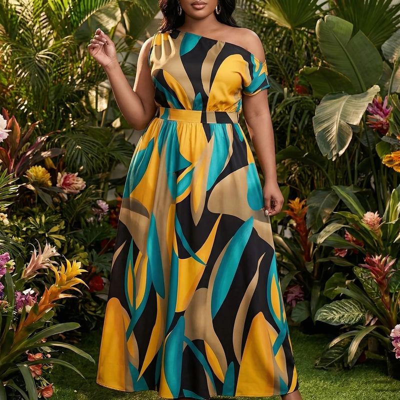 One-Shoulder Plus Size Maxi Dress Tropical Print - Lora