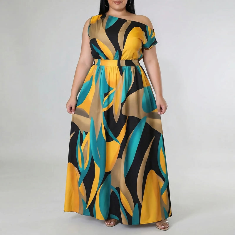One-Shoulder Plus Size Maxi Dress Tropical Print - Lora