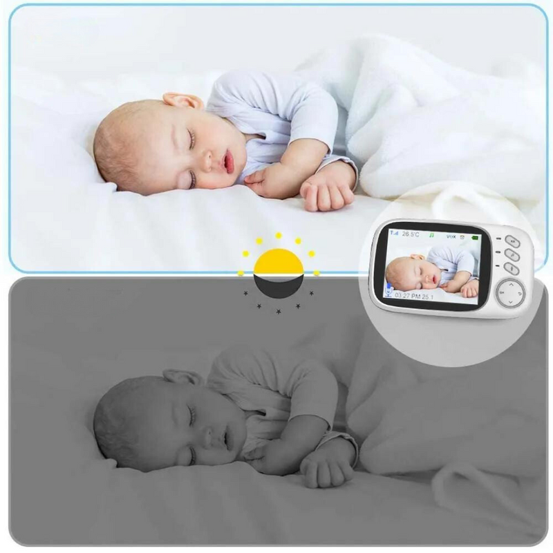 Baby monitoring with night vision and two-way audio – including temperature display.