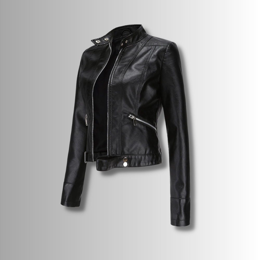 Black cropped biker-style jacket seen at an angle on a grey gradient, unzipped, with zip pockets 1