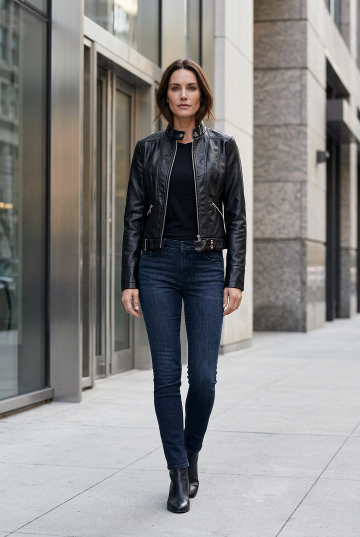 Woman wearing the black cropped jacket zipped over a black top, dark jeans and ankle boots on a city pavement 1