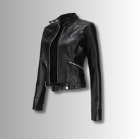 Black jacket at a three-quarter angle on a grey gradient, showing the stand collar and zip pockets 2
