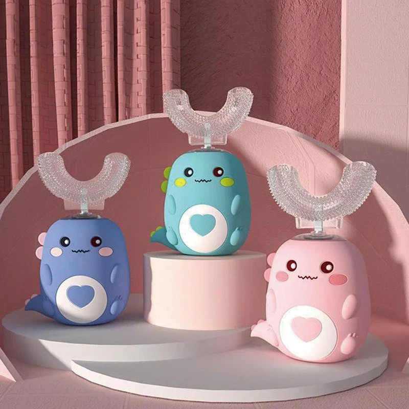U-shaped children's toothbrush with sonic cleaning and a silicone brush head.