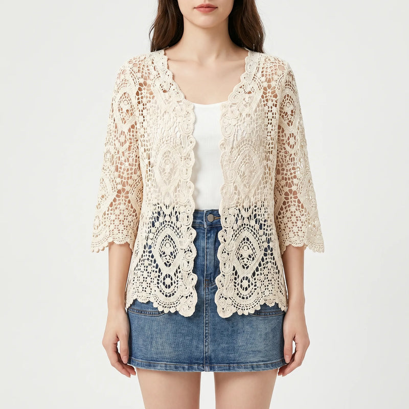 Open Front Crochet Style Cardigan -  Margie