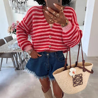 Oversized Striped V-Neck Woman Cardigan - Vicky