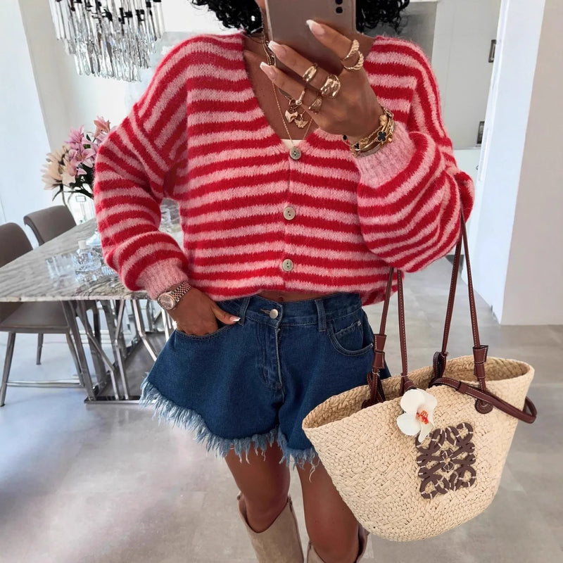 Oversized Striped V-Neck Woman Cardigan - Vicky