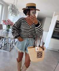Oversized Striped V-Neck Woman Cardigan - Vicky