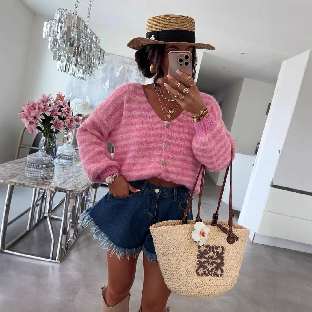 Oversized Striped V-Neck Woman Cardigan - Vicky