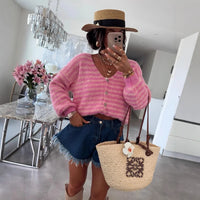 Oversized Striped V-Neck Woman Cardigan - Vicky