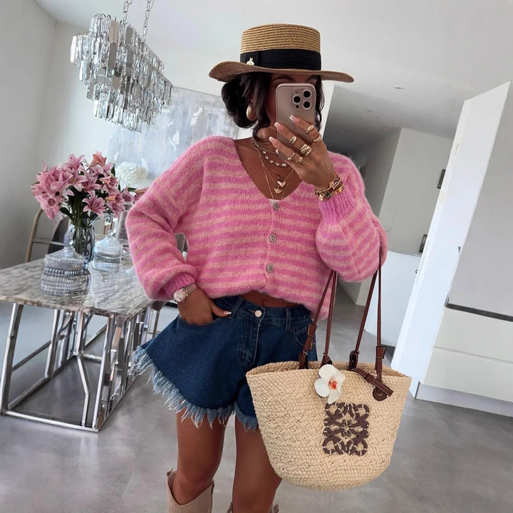 Oversized Striped V-Neck Woman Cardigan - Vicky