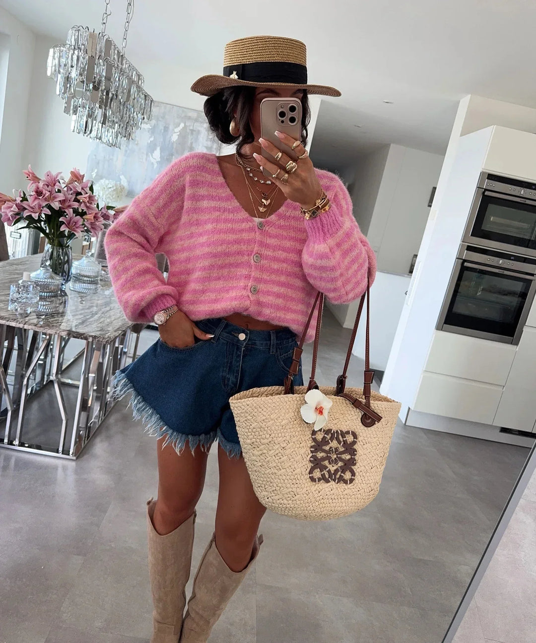 Oversized Striped V-Neck Woman Cardigan - Vicky