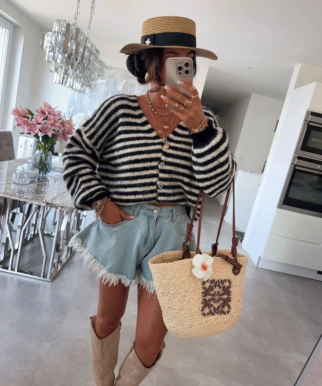 Oversized Striped V-Neck Woman Cardigan - Vicky