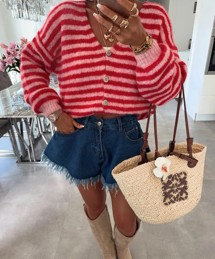 Oversized Striped V-Neck Woman Cardigan - Vicky