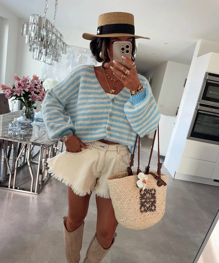 Oversized Striped V-Neck Woman Cardigan - Vicky