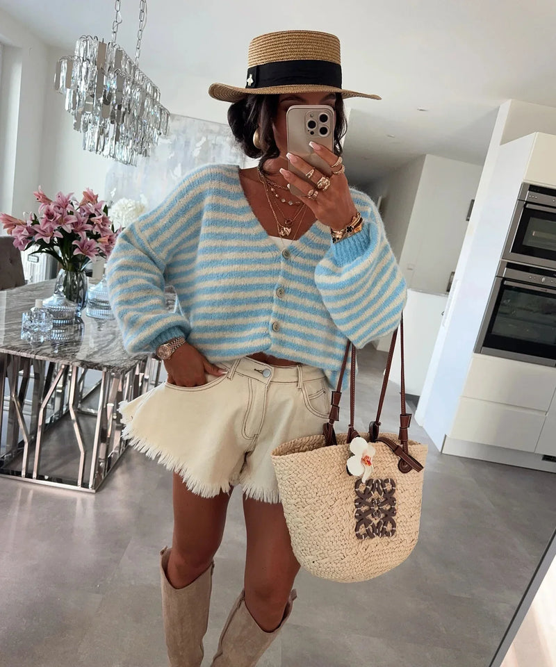 Oversized Striped V-Neck Woman Cardigan - Vicky