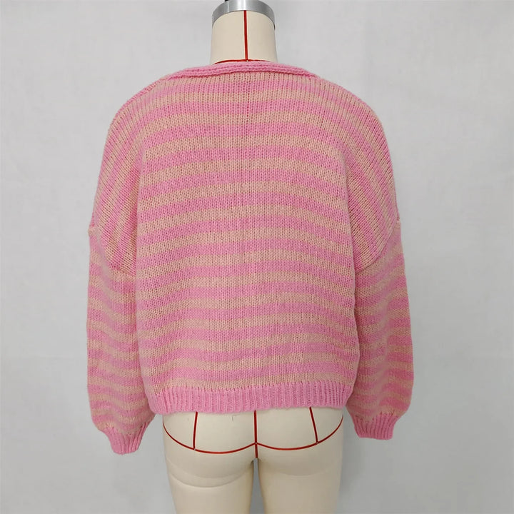 Oversized Striped V-Neck Woman Cardigan - Vicky