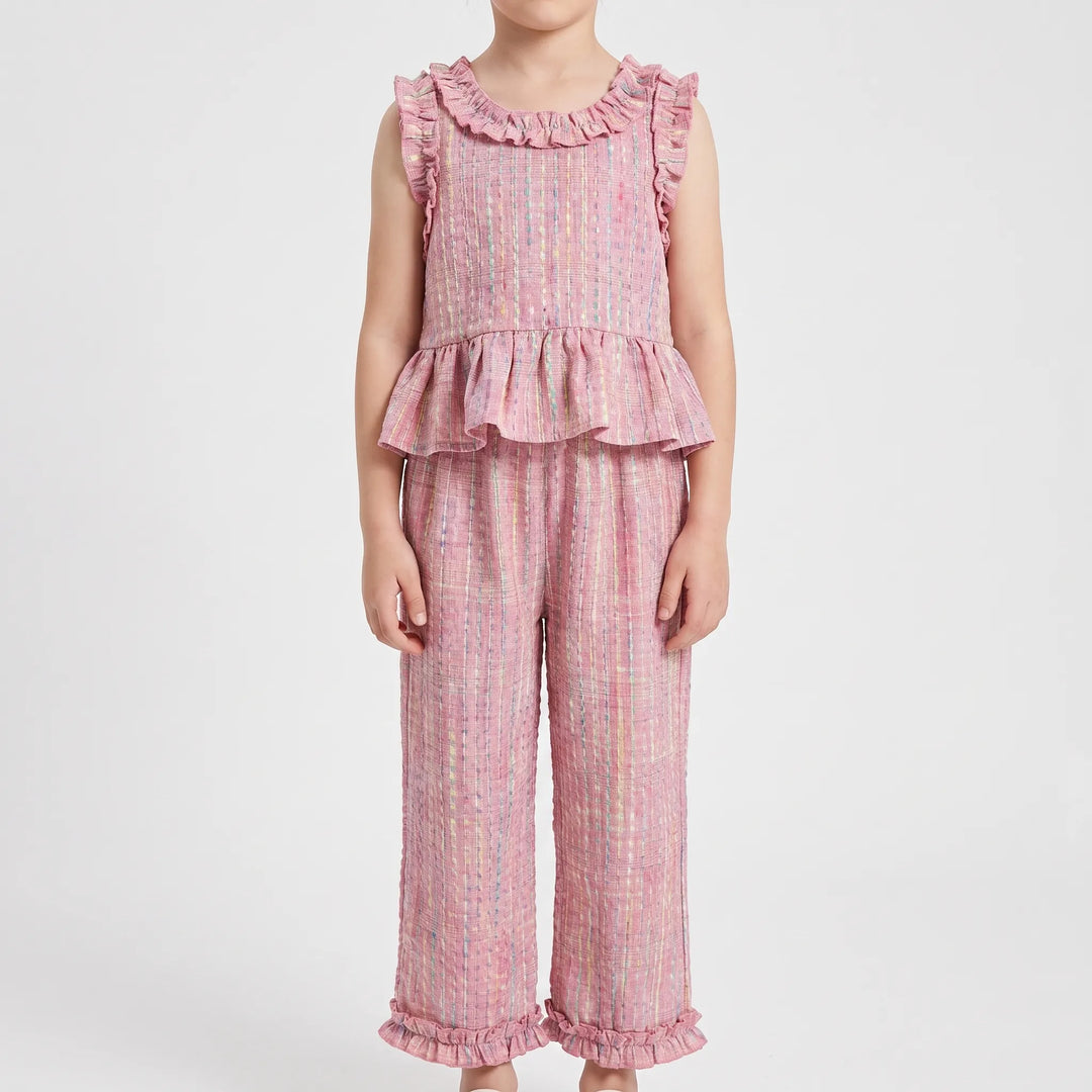 Pastel Plaid Ruffle Trim Top And Trouser Set - Miralis