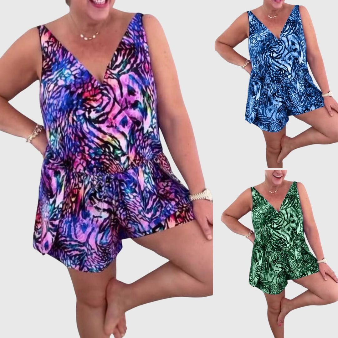 Patterned V-Neck Sleeveless Swim Dress - Evelyn