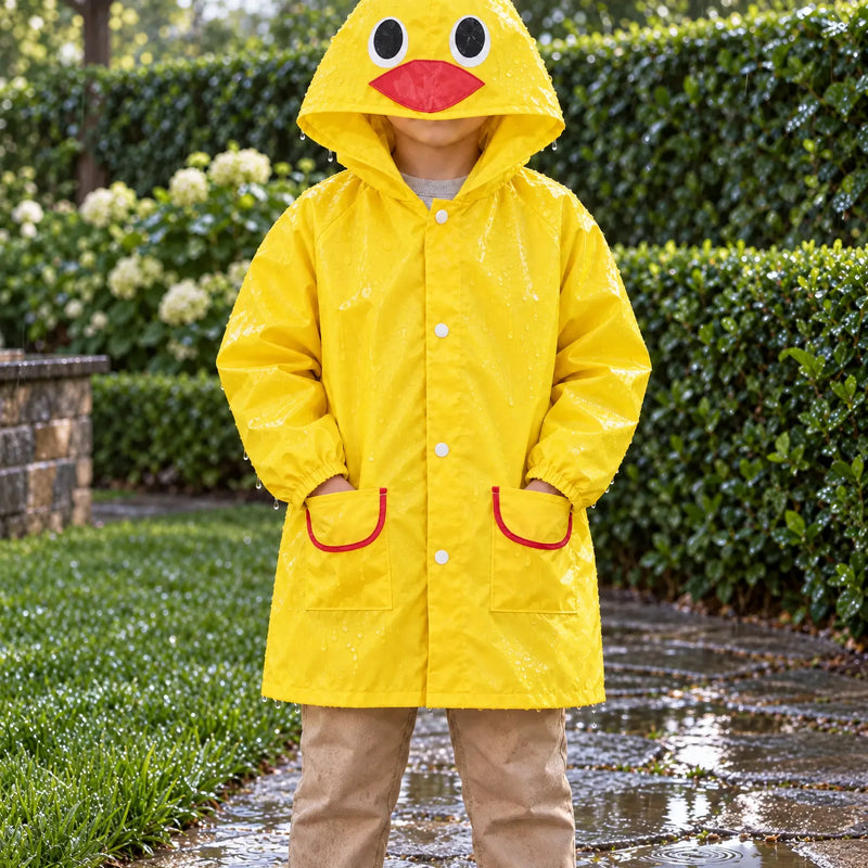 Child in a yellow duck rain jacket with beaded raindrops, hands in red-trimmed pockets, standing on a wet garden path. 1