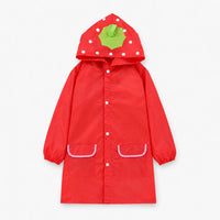 Red strawberry rain jacket with white-dotted hood and green leaf, front view with snap buttons and pink-trimmed pockets. 10