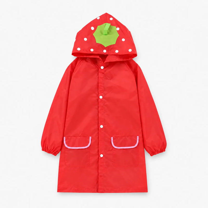 Red strawberry rain jacket with white-dotted hood and green leaf, front view with snap buttons and pink-trimmed pockets. 10