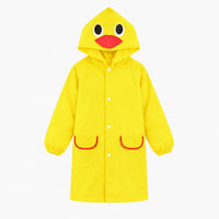Yellow duck rain jacket front view on a plain background, with red beak on the hood and red-trimmed pockets. 11