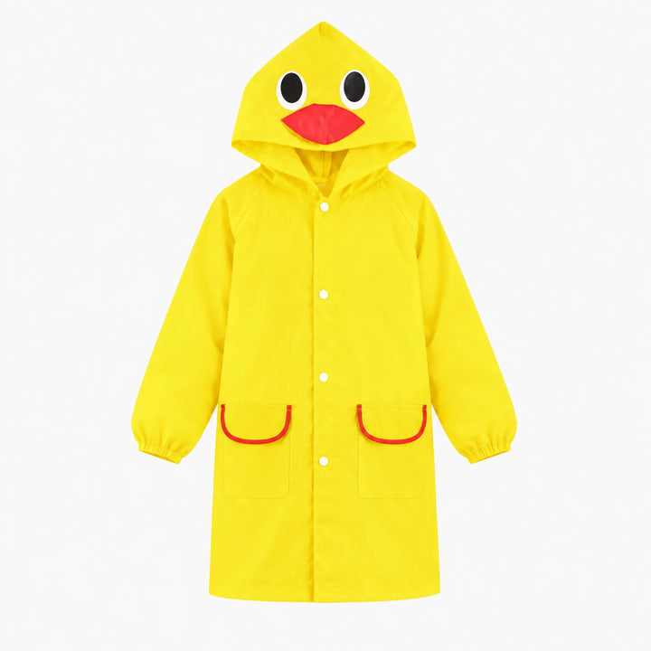 Yellow duck rain jacket front view on a plain background, with red beak on the hood and red-trimmed pockets. 11