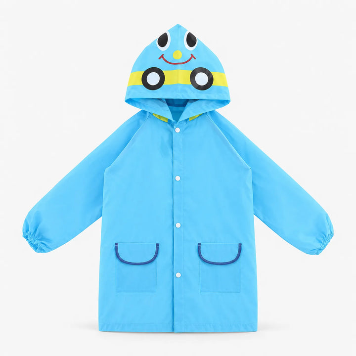 Blue hooded rain jacket laid flat with arms out, showing a smiling face and yellow stripe on the hood. 2